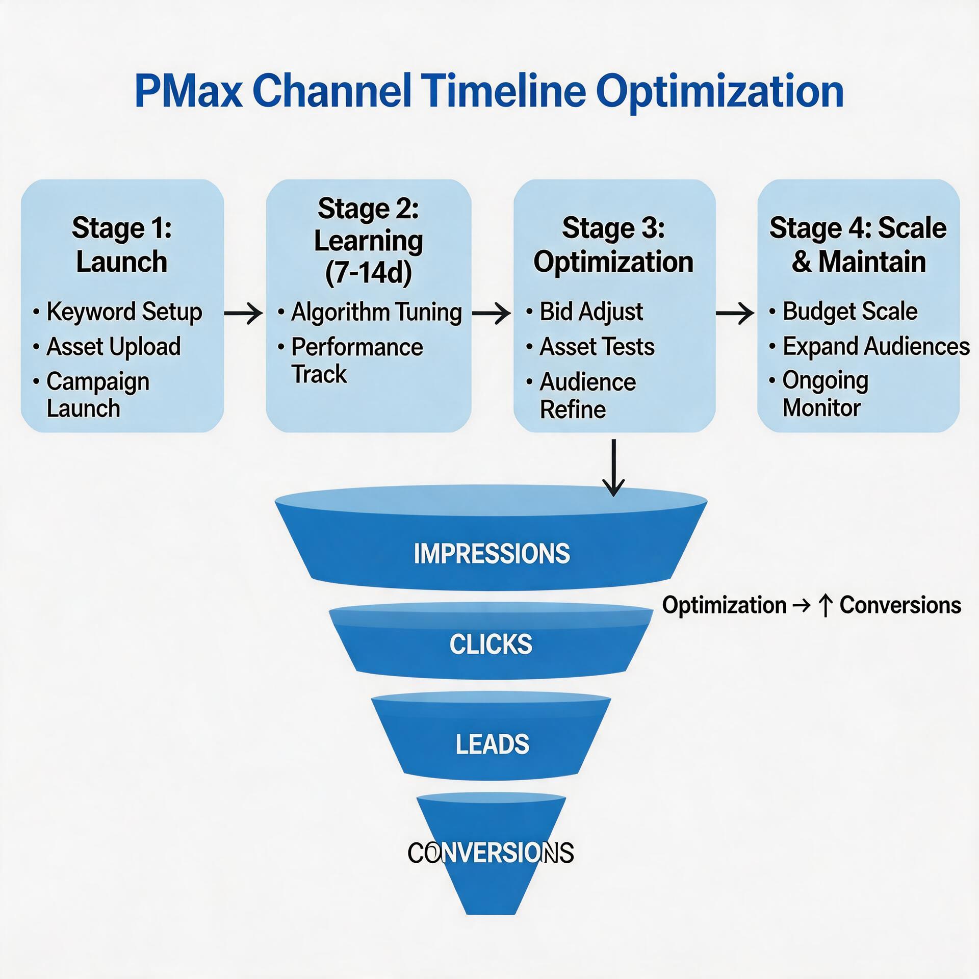 PMax channel timeline conversion funnel optimization