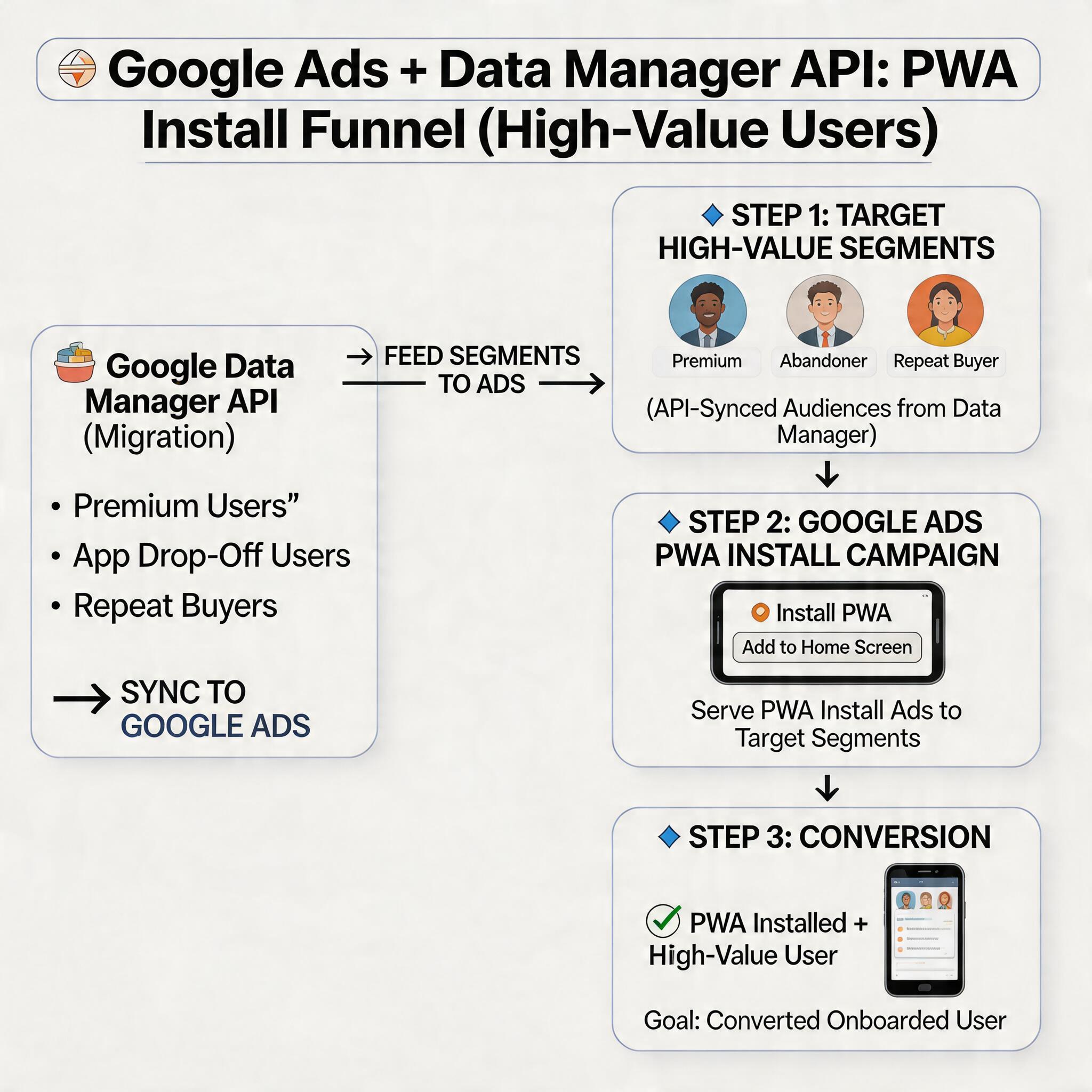 Google Ads audience segments and PWA install campaign funnel
