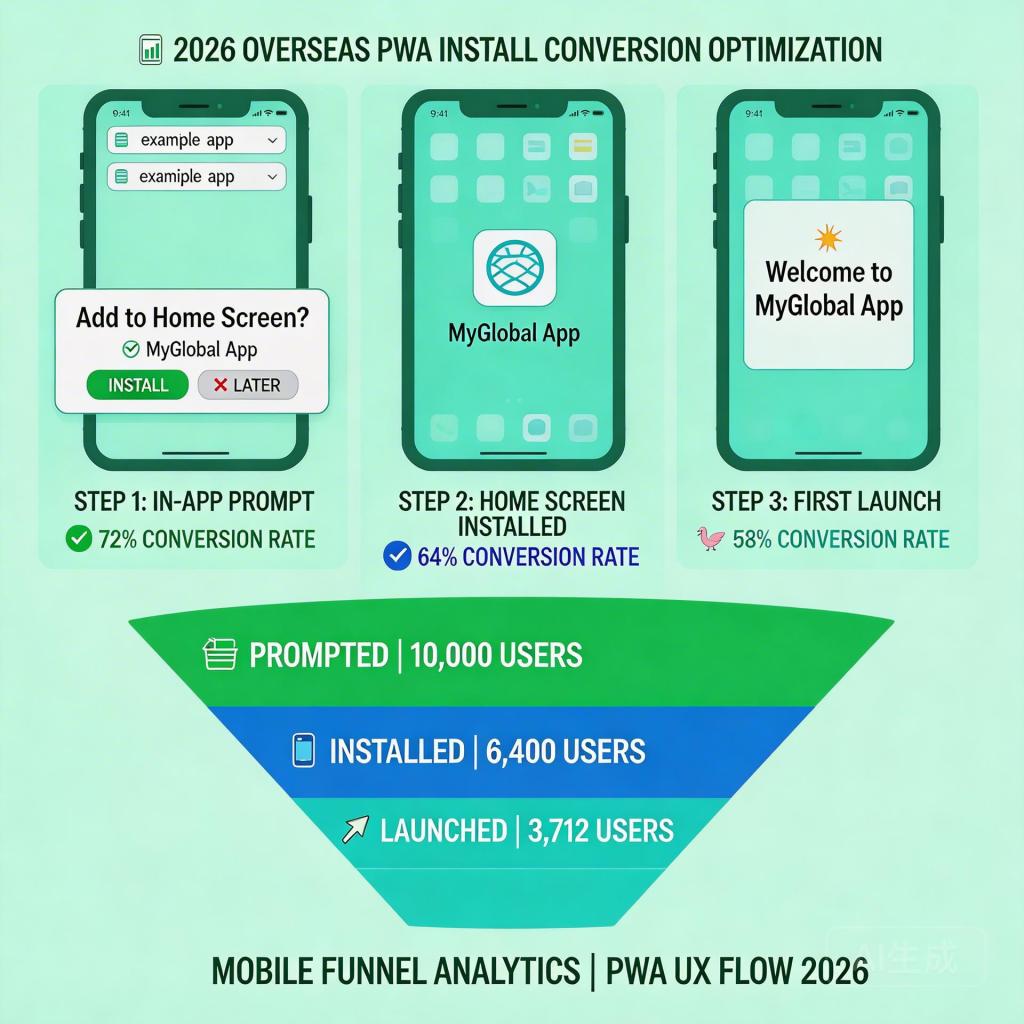 出海 App PWA 落地页安装转化率优化示意图 2026