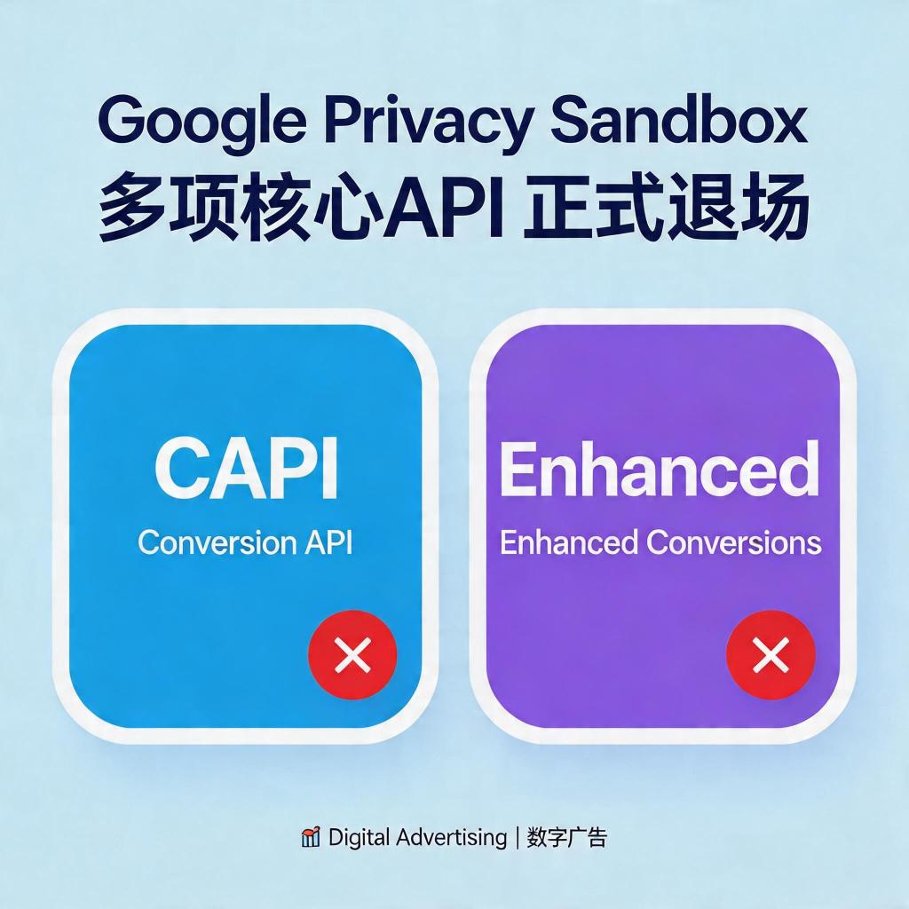 Diagram showing migration from deprecated Google Privacy Sandbox APIs to CAPI and Enhanced Conversions measurement stack in 2026