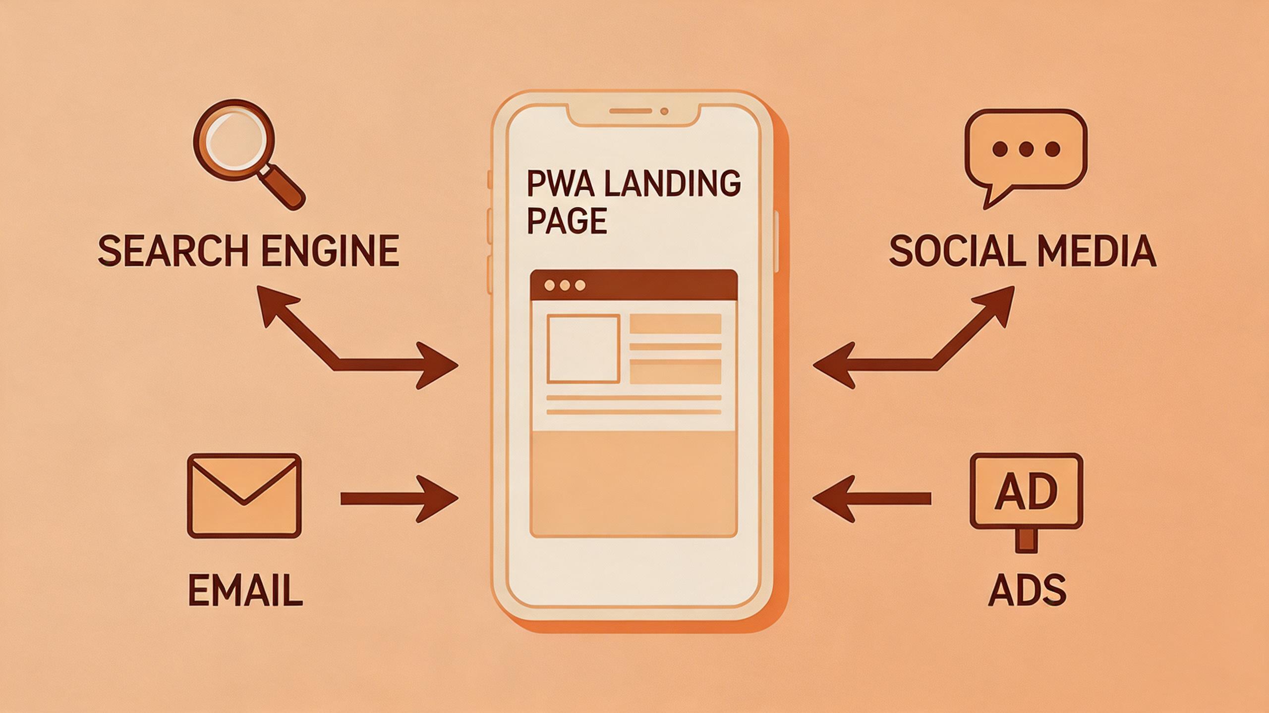 Multiple traffic sources pointing to PWA landing page for multi-channel distribution