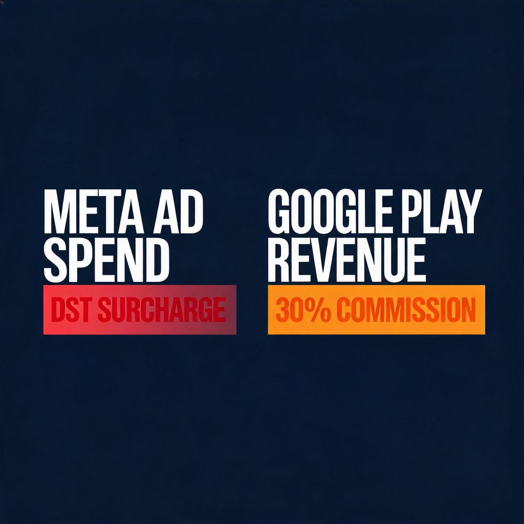 Meta DST 附加费与 Google Play 抽佣成本层级信息图