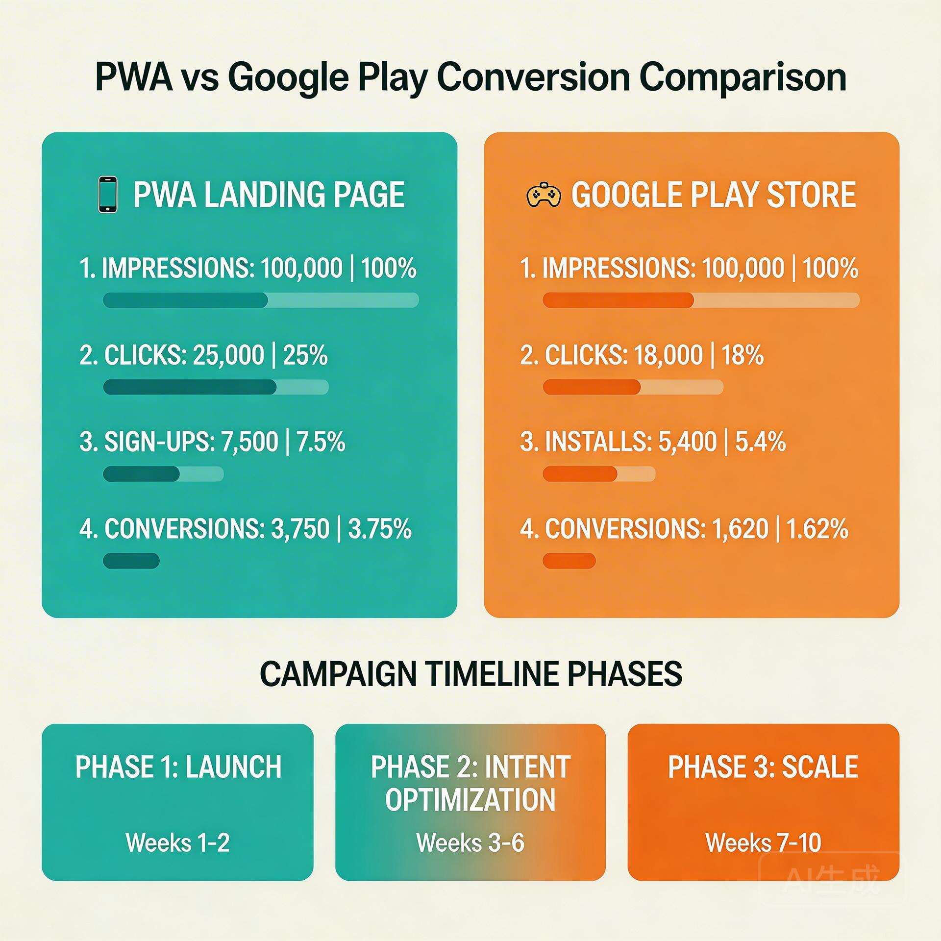PWA landing page vs Google Play conversion comparison by channel