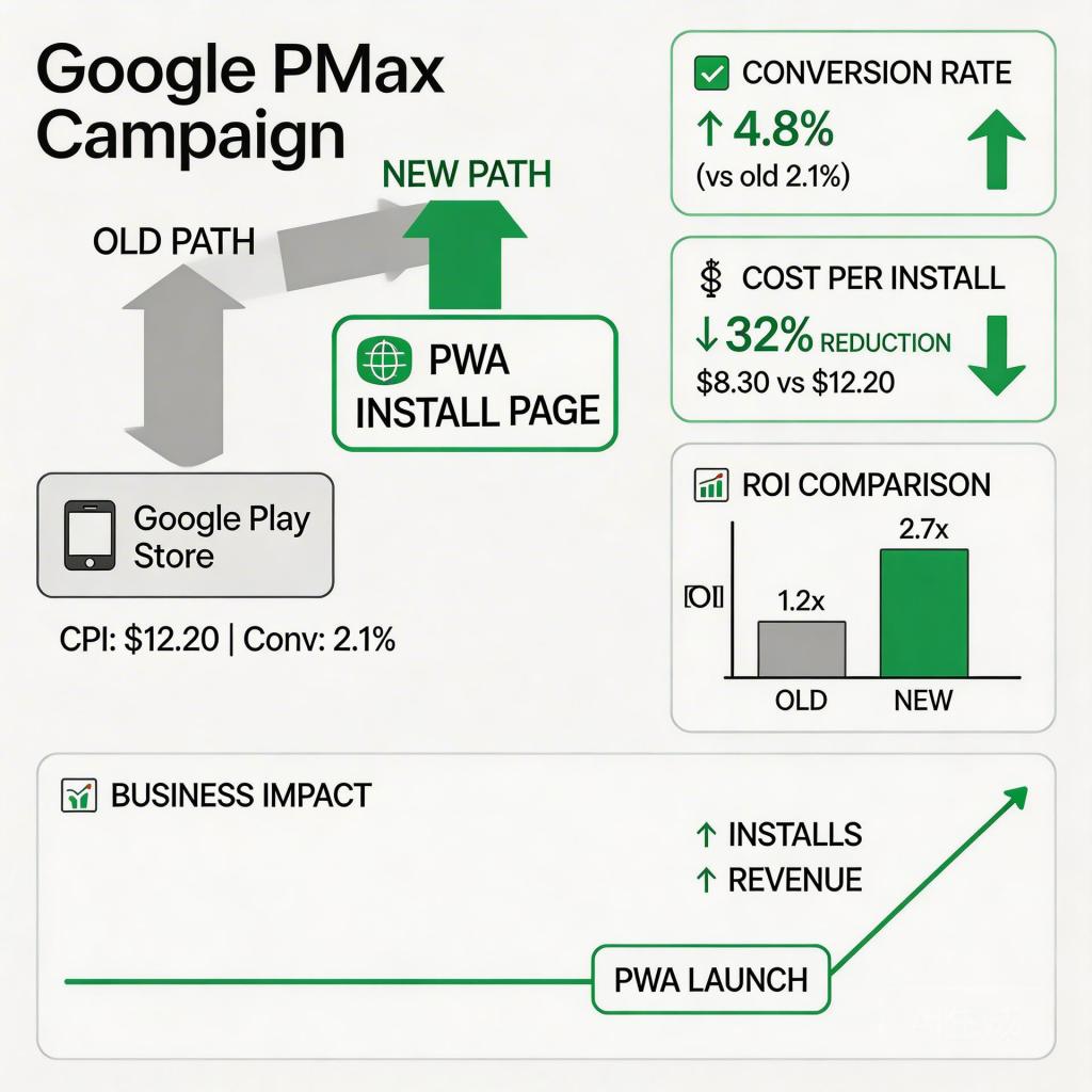PMax traffic to PWA vs Google Play install rate conversion comparison 2026