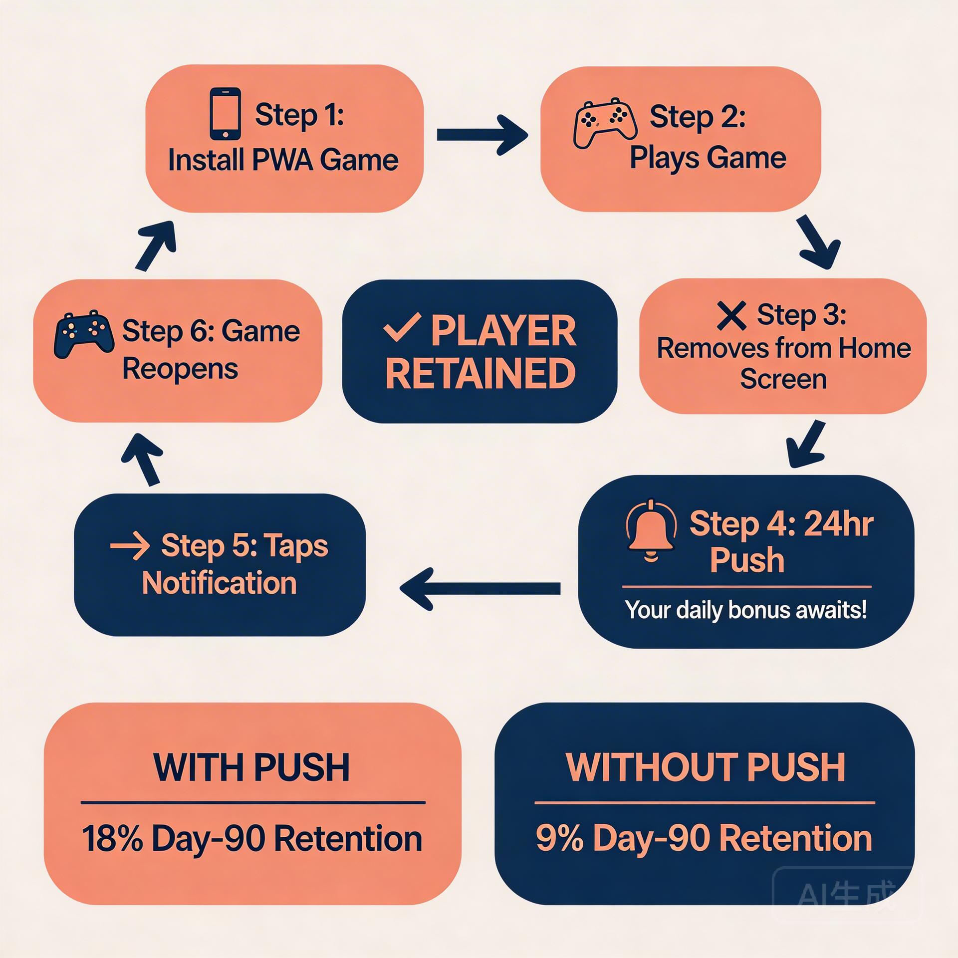 PWA game re-engagement cycle with push notification retention
