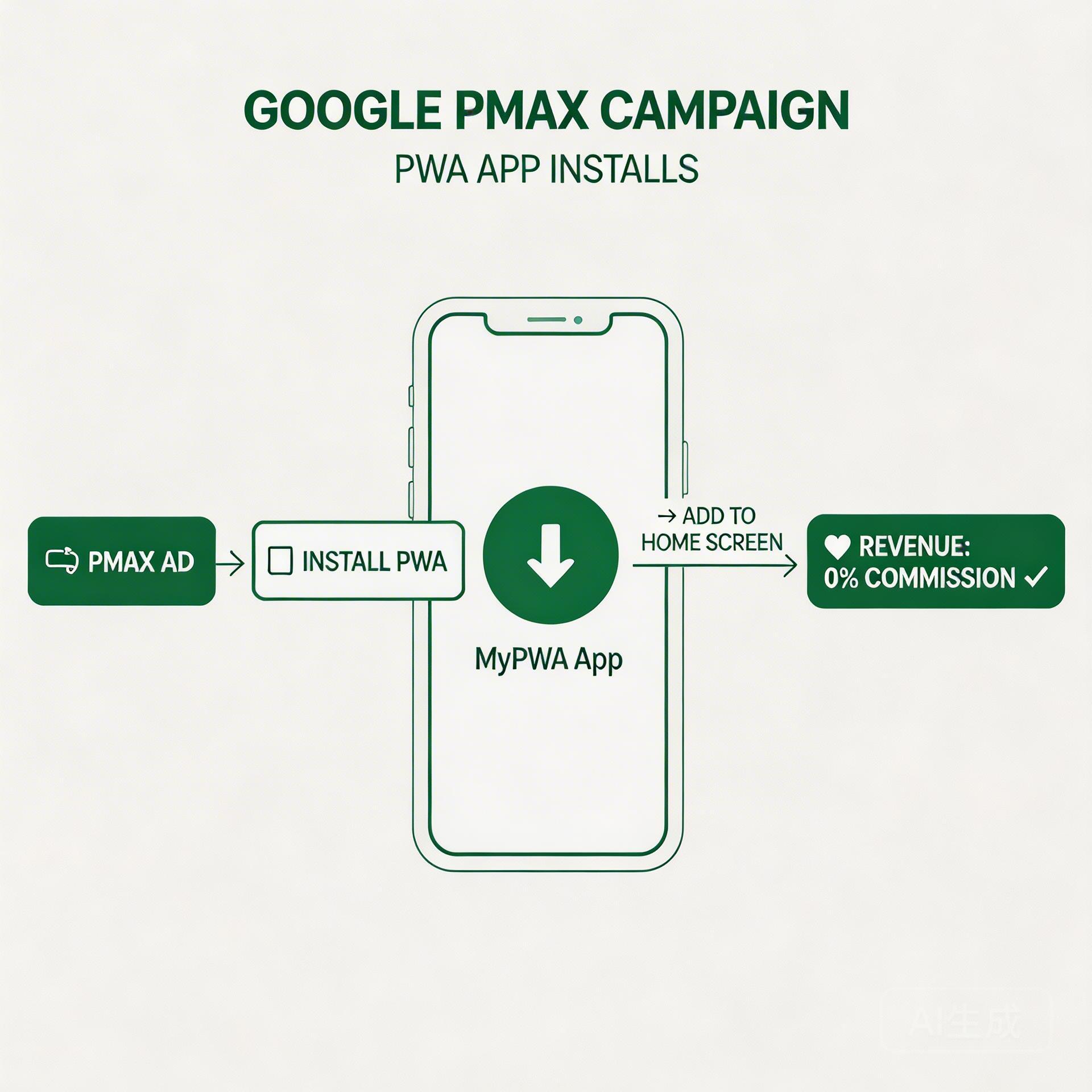 PMax 广告导向 PWA 安装与 Google Play 对比图