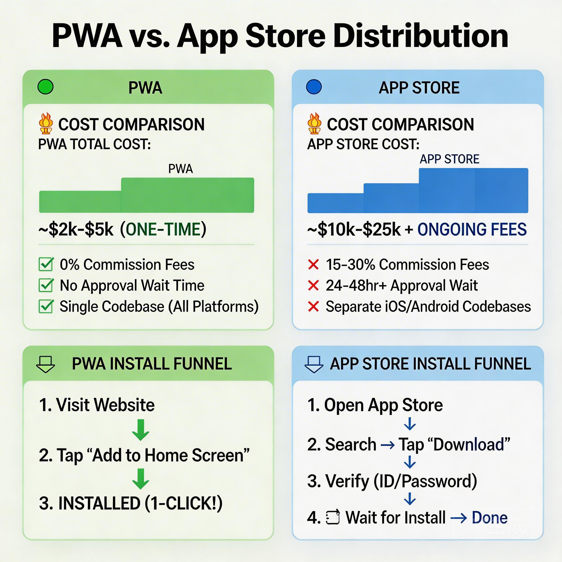 PWA 与应用商店分发对比图