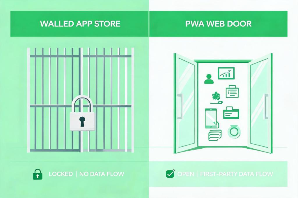 Comparison of locked app store versus open PWA distribution path with data flow
