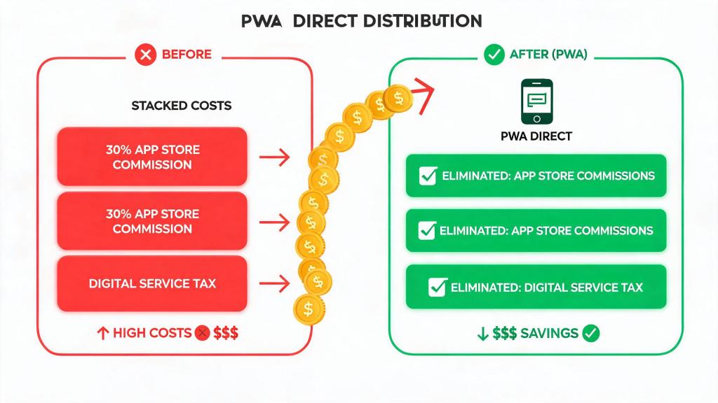 平台费用被 PWA 直接分发消除示意图