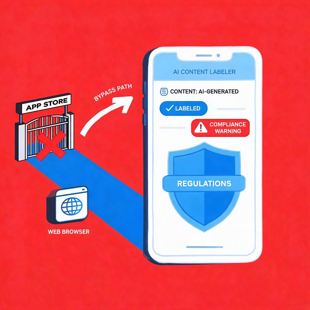 AI content labeling compliance with app store bypass path