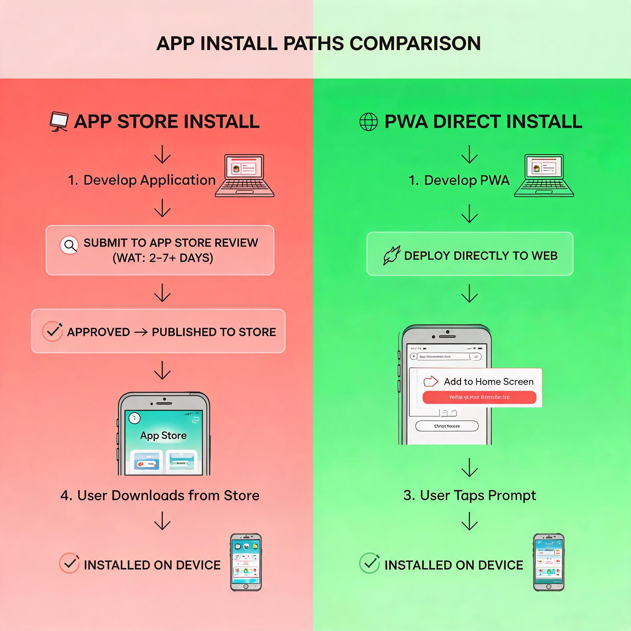应用商店 vs PWA 直接安装路径对比