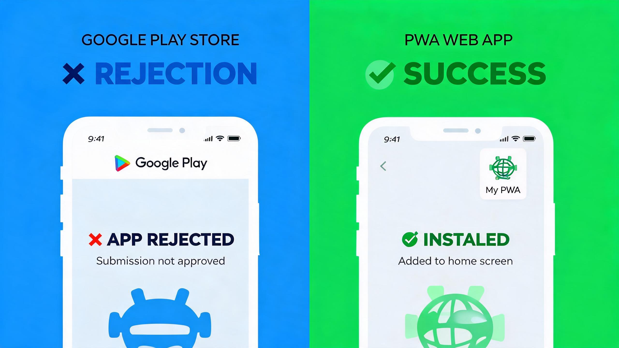 Google Play rejection vs PWA successful install comparison
