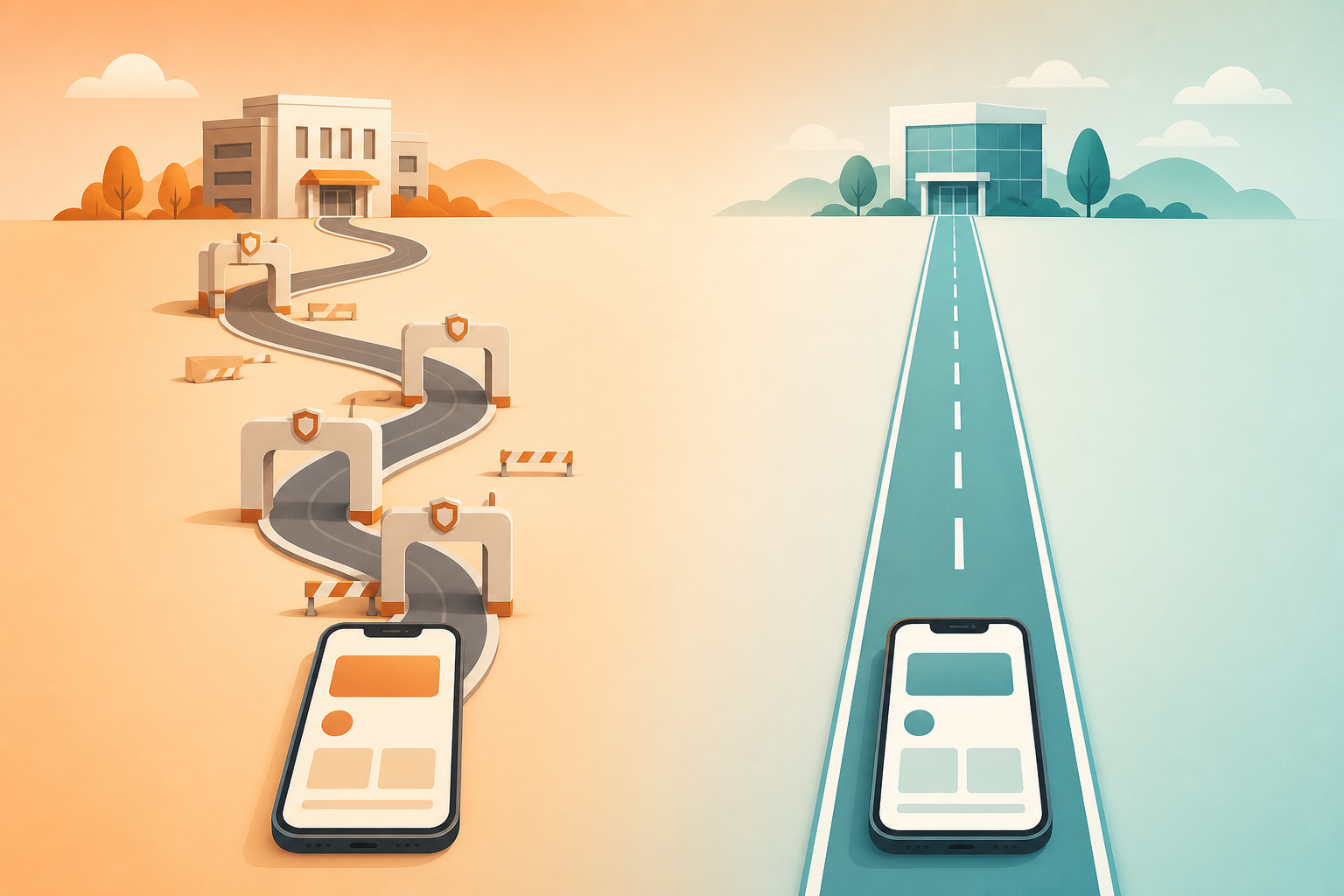 Two distribution paths side by side — one tangled through multiple platform gatekeepers and one direct path from publisher to user, representing PWA distribution advantage over app store dependency.