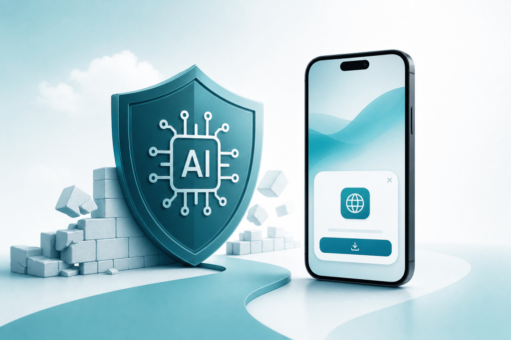 AI content labeling shield with PWA install prompt