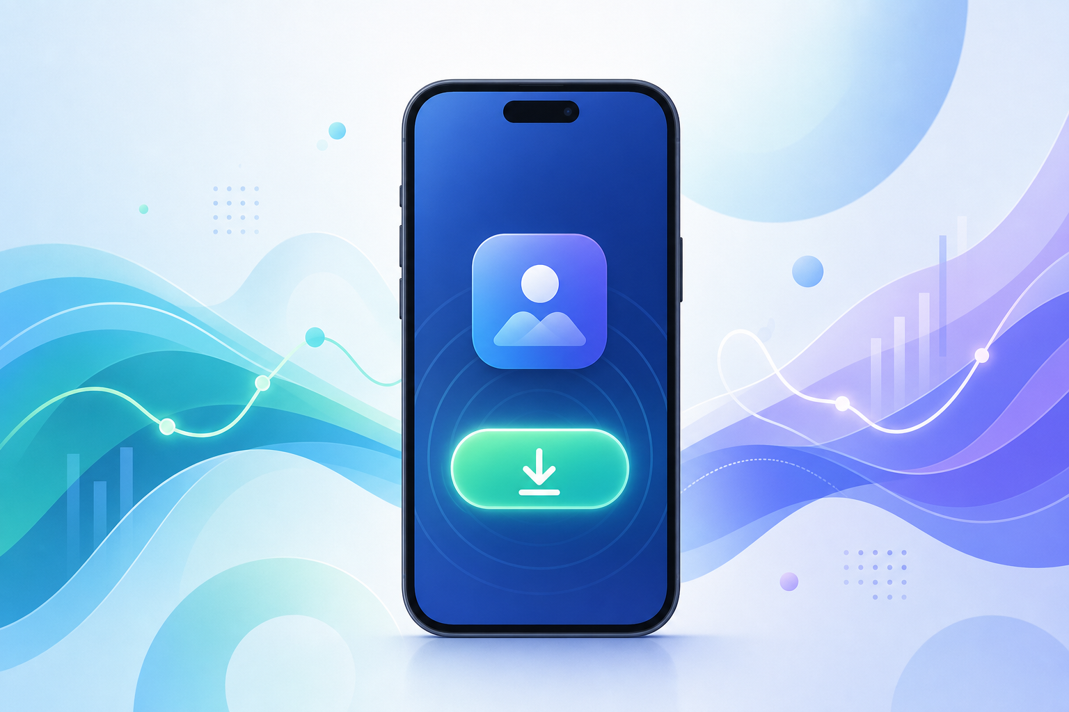 A smartphone displaying a PWA install prompt with overlaid analytics ribbons showing real-time attribution tracking data flow.